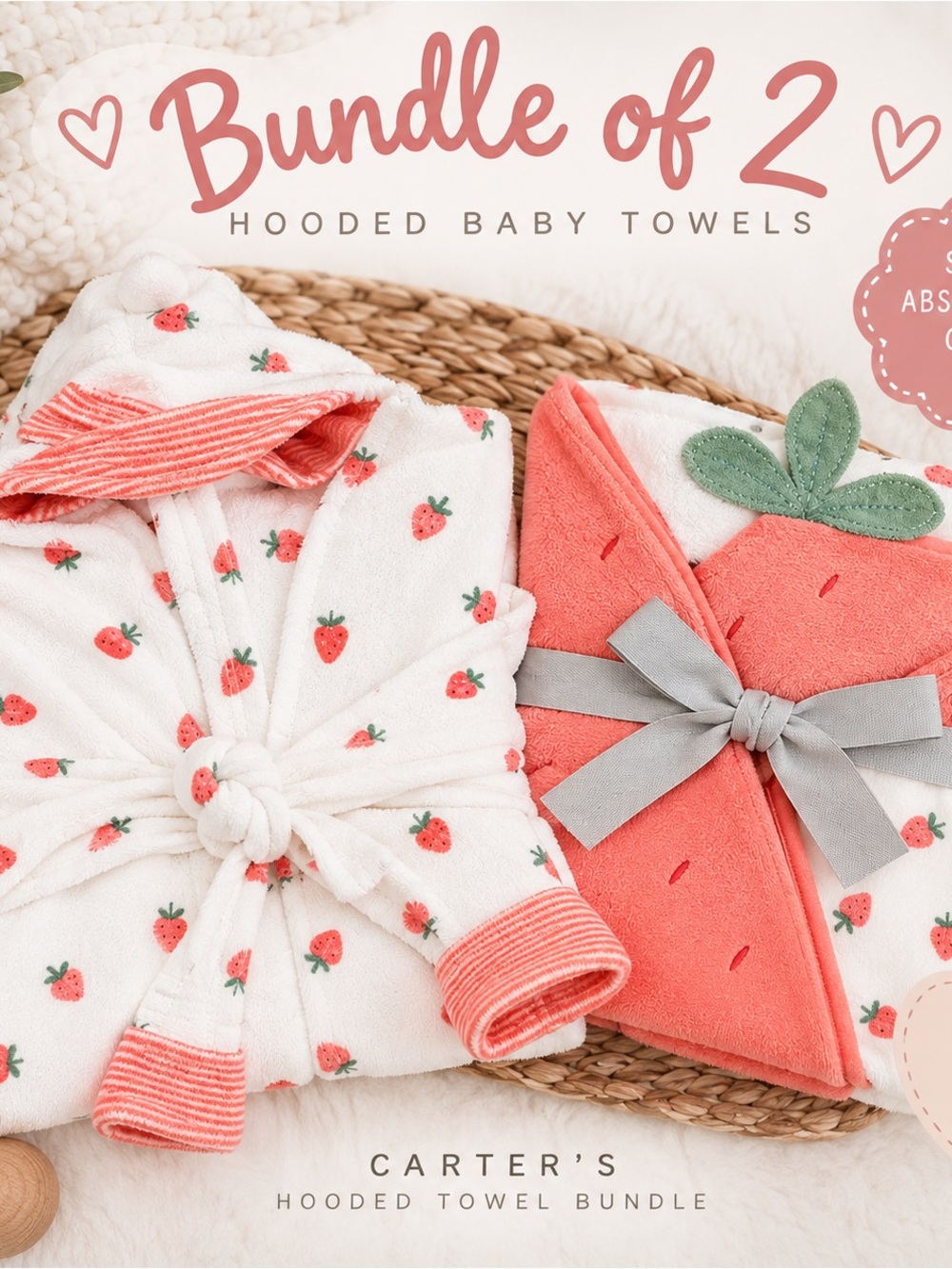 Carter's Coral & White Strawberry Hooded Baby Towel and Robe Set